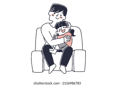 Father hugging his daughter Comical handwritten person Vector, warm line drawing