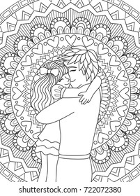 Father hugging his daughter on zendoodle design background design for card and adult coloring book page. Vector illustration