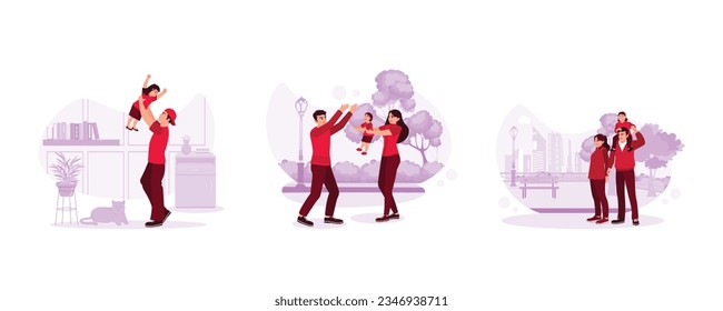 Father was hugging his little daughter. Happy little family playing in the park. Family holding daughter and having fun. Set Trend Modern vector flat illustration