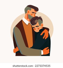 Father hugging his son. Concept for Happy father's day poster or card template design. Flat vector illustration