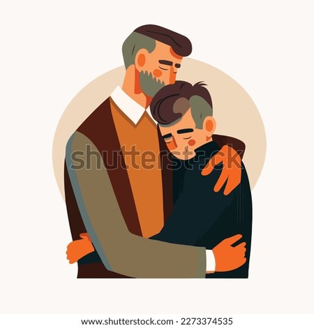 Father hugging his son. Concept for Happy father's day poster or card template design. Flat vector illustration