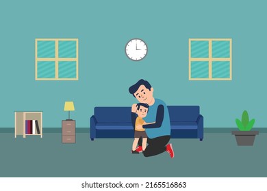Father hugging his son inside a house vector. Flat character illustration with a home interior concept. Father and son hugging. House interior with blue sofa, wall clock, table lamp, and bookshelf. 