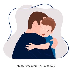 Father hugging his son. Father and his little son have not seen each other for a long time, they missed each other. Happy father's day poster or card template design. Flat vector illustration