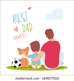 Father hugging his son sitting on the lawn. Back view. Best dad ever vector illustration. 