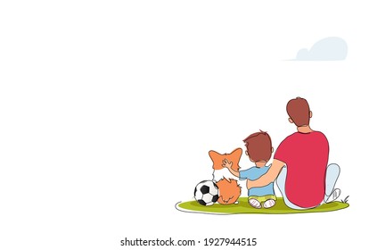 Father hugging his son sitting on the lawn. Back view. Best dad ever vector illustration. 