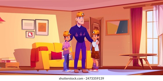 Father hugging kids in living room with couch and window. Vector cartoon illustration of dad and children wearing helmets with lamps, playing game together, parent and child communication, family fun