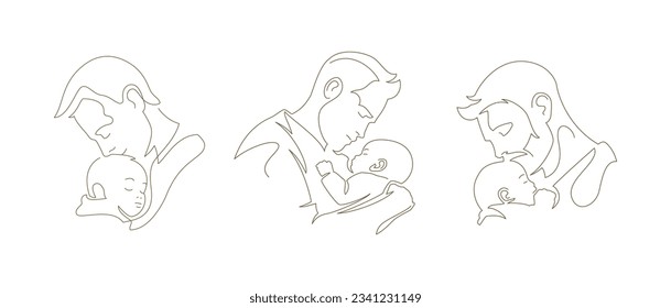 Father hugging kissing newborn little son with love and tenderness continuous line art logo set vector illustration. Happy family daddy and cute kid child fatherhood parenthood childhood Father's Day