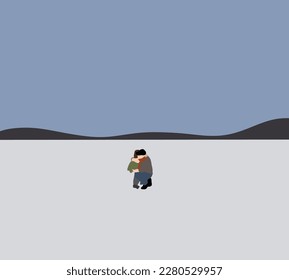 Father hugging son on winter day. Parent shows love and care during holiday vacation. Snow landscape background.