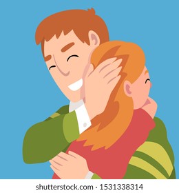 Father hugs daughter, holds a hand on her head cartoon vector illustration