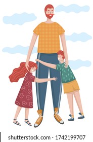 Father hugs daughter and son. A father and two children. Kids love. Father's day.