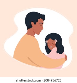 A father hugs his cute little daughter. Happy father's day. Cute vector illustration
