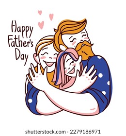 Father hugs laughing children tightly. Happy father's day. Vector.