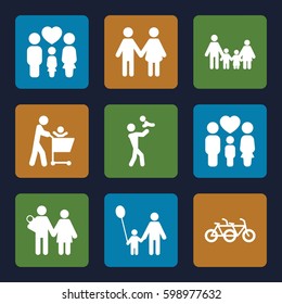 father icons set. Set of 9 father filled icons such as family, couple with newborn, etc.