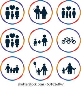 father icons set. Set of 9 father filled icons such as family, couple with newborn, old woman and child