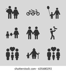 Father icons set. set of 9 father filled icons such as family, couple with newborn, old woman and child