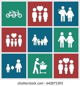 Father icons set. set of 9 father filled icons such as family, couple with newborn