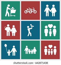 Father icons set. set of 9 father filled icons such as family, couple with newborn