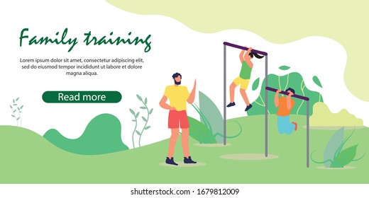 Father Inculcate to Children Love to Sport and Healthy Lifestyle. Boy and Girl Pull Up on Horizontal Bar at Summer Time on Nature Background. Family Training. Cartoon Flat Vector Illustration, Banner