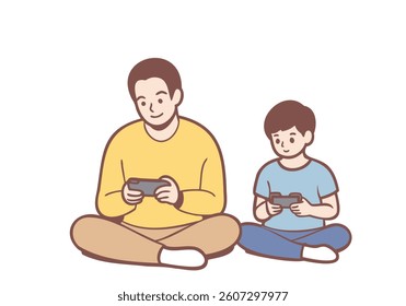 father indoors at home with his son child play games by mobile phones. Hand drawn style vector design illustrations.
