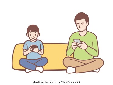 father indoors at home with his son child play games by mobile phones. Hand drawn style vector design illustrations.