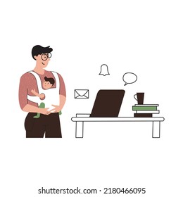 Father with infant baby in sling. Freelancer working remotely.