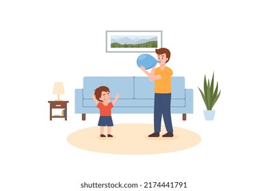 Father inflates a balloon for his child, flat vector illustration isolated on white background. Family of father and boy going to play with balloons at home.