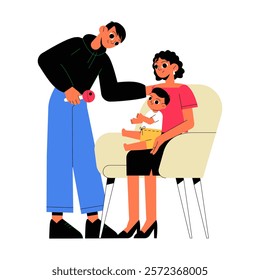 Father Interacting With Mother And Baby Sitting On Chair In Flat Vector Illustration Symbolizing Family Bonding, Parenting, And Nurturing, Isolated On White Background.