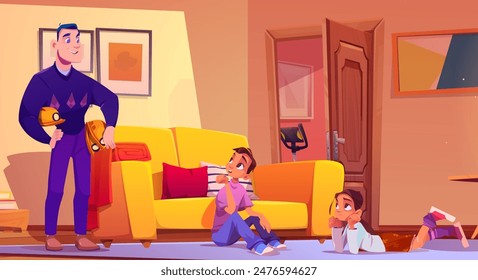 Father inviting kids to seek adventures together. Vector cartoon illustration of dad with helmets in hands smiling at bored children lying and sitting on floor in living room, family weekend fun