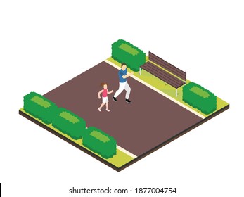 Father jogs with daughter isometric 3d vector concept for banner, website, illustration, landing page, flyer, etc.