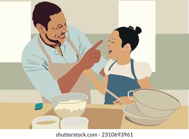 A father jokes with his daughter as the two of them make cookies in the kitchen together. Funny moment in family house. Father and daughter concept