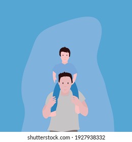 father keeps his son on shoulders on blue background