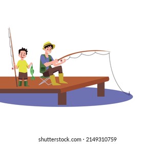 Father And Kid Boy Sitting On Footbridge And Fishing Together, Cartoon Flat Vector Illustration Isolated On White Background. Family Fishing On A River Or Lake.