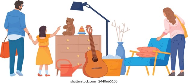 Father and kid buying things on garage sale. isolated on white background