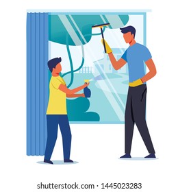 Father and Kid Cleaning Window Vector Illustration. Little Boy and Young Man Cartoon Characters. Son Helping Dad with Household Work, Housekeeping Child Holding Sprayer Bottle with Detergent
