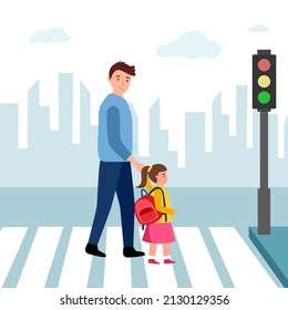 Padre con niño cruzando la carretera en el cruce con ilustración vectorial de semáforo. Papá y su hija caminan juntos en el camino de la ciudad en diseño plano.