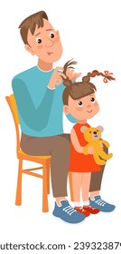 Father with kid. Dad helping little girl with morning routine. Man making hairdo for daughter. Hair braiding. Happy parent combing child. Parenthood care. Vector