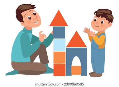Father with kid. Dad and son play together. People build cubes castle and pyramid. Toy blocks. Children entertainment. Parent and little boy togetherness. Vector