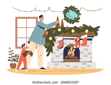 Father and kid decorating fireplace for christmas celebration. Dad and little boy preparing for xmas and new year eve. Winter holiday concept. Cartoon flat vector illustration