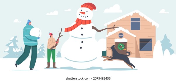 Father, Kid and Dog Winter Snow Games, Holidays Spare Time Recreation, Little Child and Dad Characters Having Outdoors Fun Make Snowman. New Year and Christmas Activities. Cartoon Vector Illustration