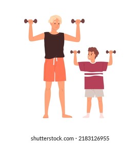 Father and kid doing sports, strength exercises with dumbbells in hands. Dad and child training together. Strong family during home workout. Flat vector illustration isolated on white background