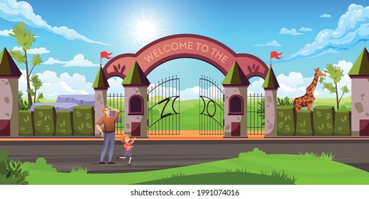 Father with kid in front of zoo entry metal gates stone arch giraffe colorful landscape vector illustration