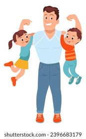 Father with kid. Happy family. Muscular man playing with children. Boy and girl hanging on daddy hands. Parent spending time together with son and daughter. Vector