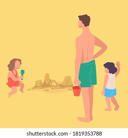 Father And Kid Joining Small Girl Building Sand Castles. Summertime Activities By Seaside, Summer Holidays Of Characters By Beach. Dad And Son With Bucket, Child With Shovel, Vector In Flat