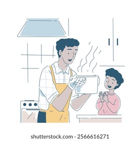 Father with kid. Man with boy prepare food at kitchen. Fatherhood and childhood. Parent and kid spending time together. Good family relationships. Father and son. Linear vector illustration