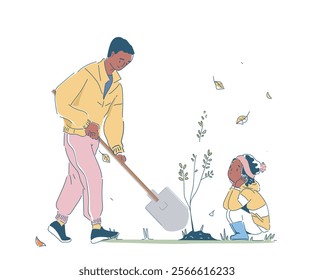 Father with kid. Man with girl plant tree. Fatherhood and childhood. Parent and kid spending time together. Good family relationships. Farming and gardening. Linear vector illustration