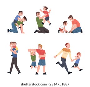 Father and Kid as Man Happy Dad Playing with Son Vector Set