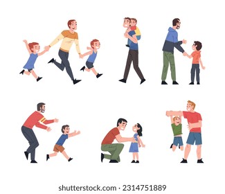 Father and Kid as Man Happy Dad Playing with Son and Daughter Vector Set