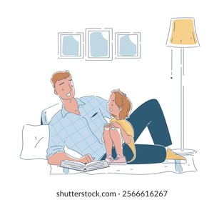 Father with kid. Man read book for girl. Fatherhood and childhood. Parent and kid spending time together. Good family relationships. Education and learning. Linear vector illustration