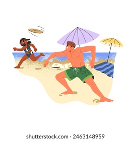 Father and kid play flying disk together at resort. Dad has fun with child on sand beach. Family does sport on sea shore during summer vacation. Flat isolated vector illustration on white background