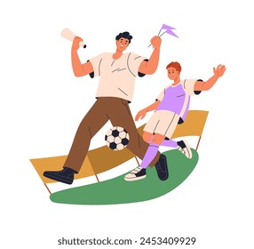 Father and kid playing football. Dad coaching son on soccer field. Active family time with ball outdoors. Daddy and boy child, physical training. Flat vector illustration isolated on white background